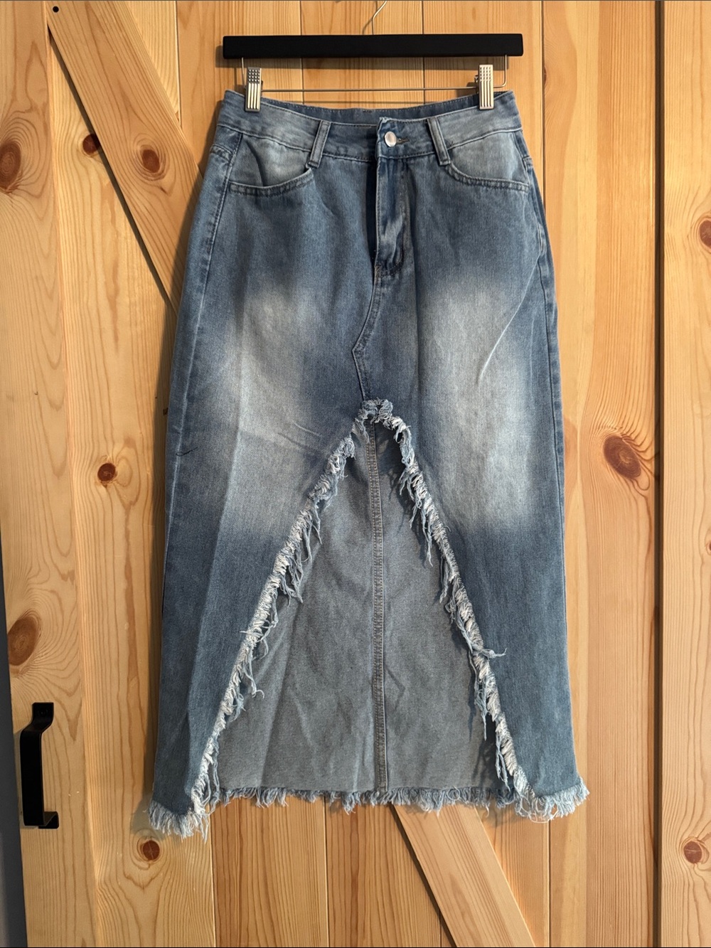 Distressed Light Blue Denim Midi Skirt